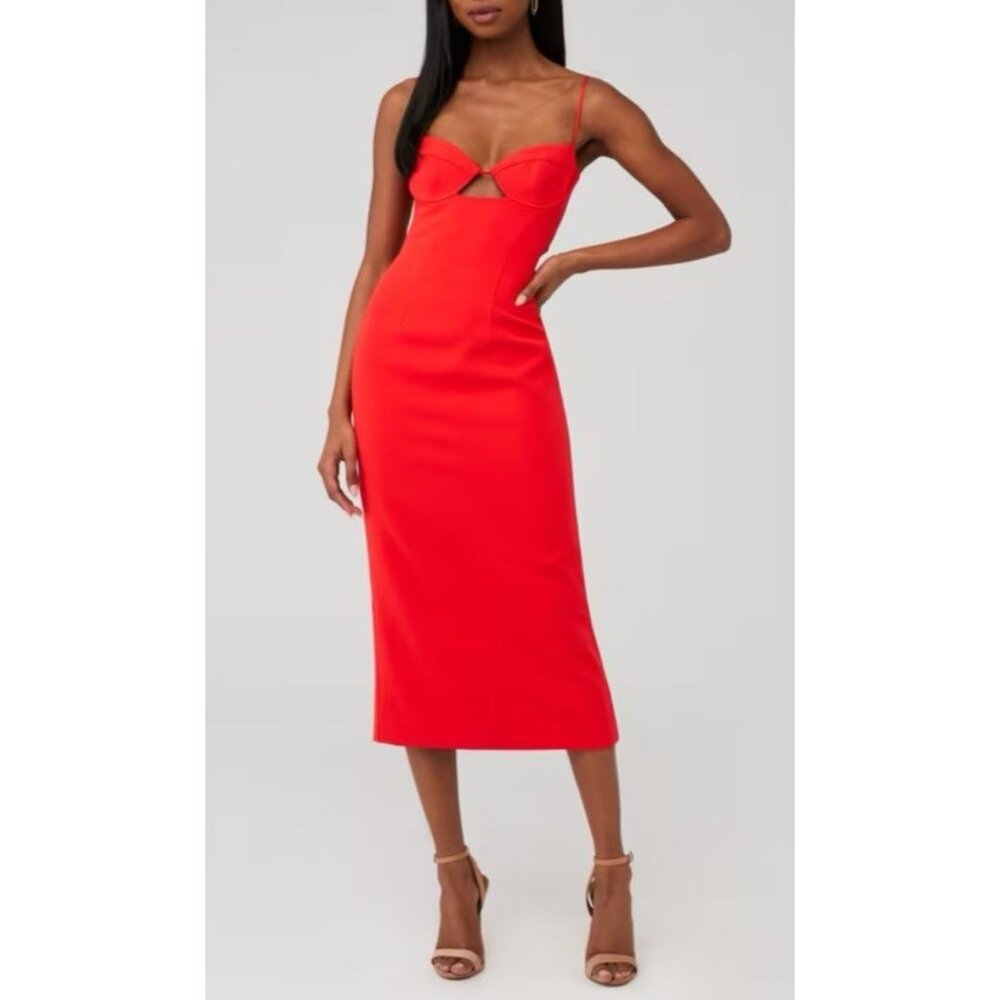 Bardot XS Veinna Dress US 2 Flame Orange Corset Midi Pencil Cut Out NEW - Picture 2 of 15